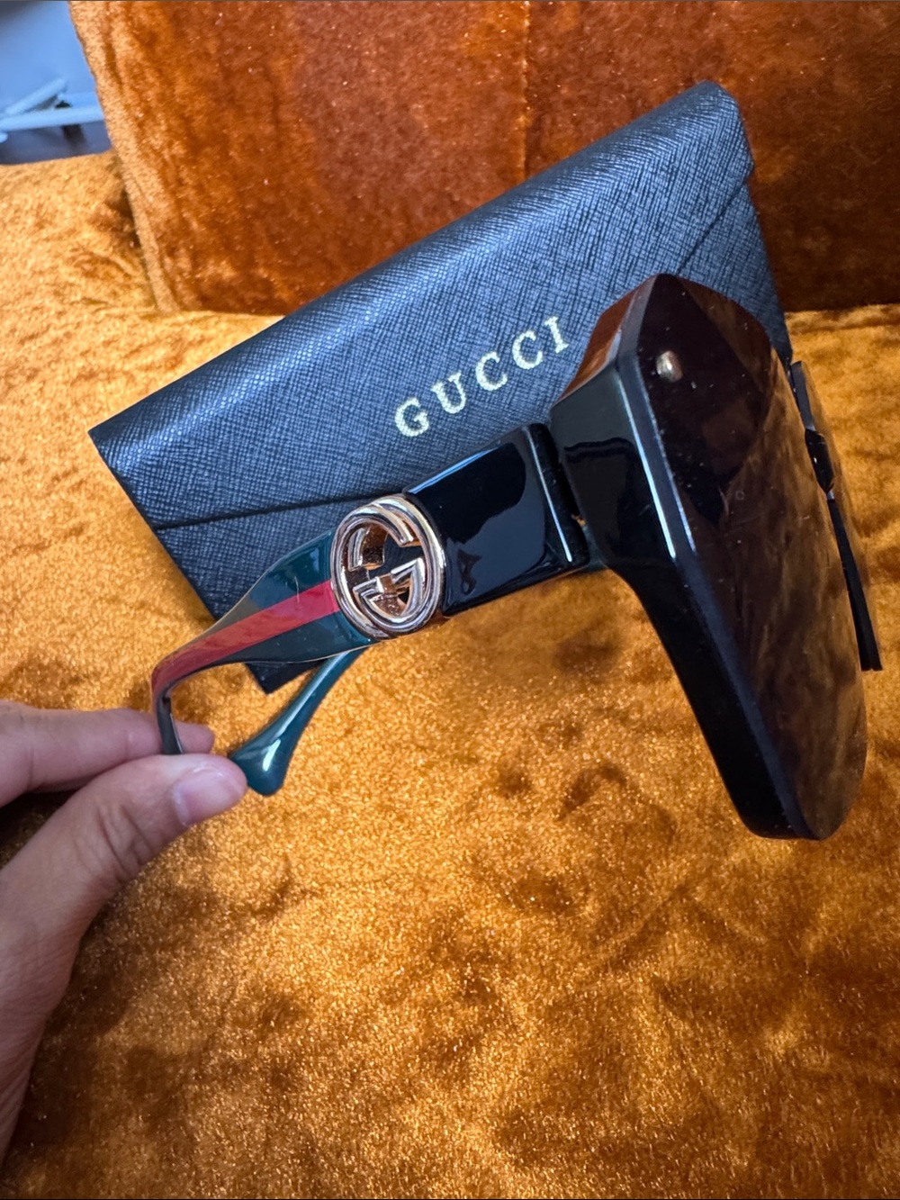 Gucci Black Sunglasses with Green and Red Temple Stripes and Gold Logo